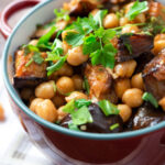 Eggplant feta bulgur chickpea salad with pine nuts