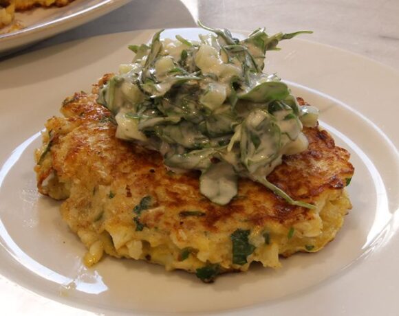 Cauliflower Pancake with Green Yogurt Salad