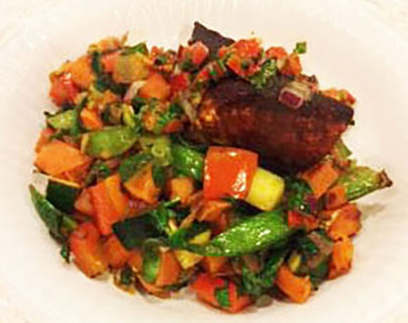 Sweet potato hash with seared salmon